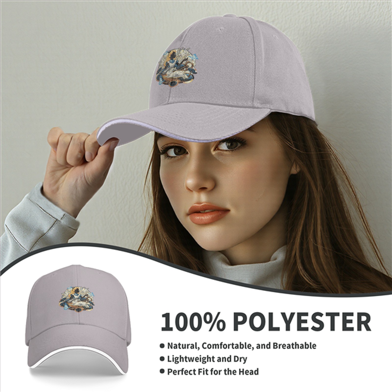 Black baseball cap with Alice in Wonderland themed graphic