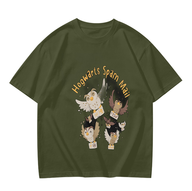 Olive t-shirt with Hogwarts Spam Mail owl graphic print
