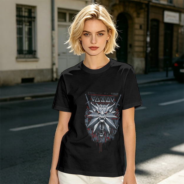 Olive Green T-Shirt With Witcher Wolf Medallion Graphic