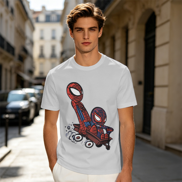 Olive T-shirt with Chibi Spider-Men Riding a Wagon Graphic