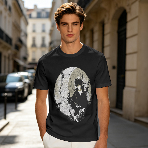 Olive T-shirt with Dark Anime Character and Raven Print