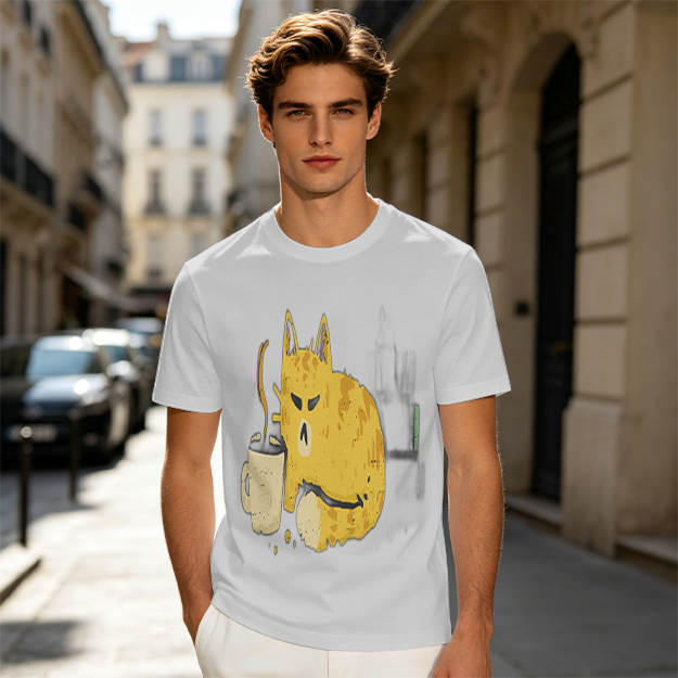 Olive T-Shirt With Grumpy Cat Holding Hot Coffee Print