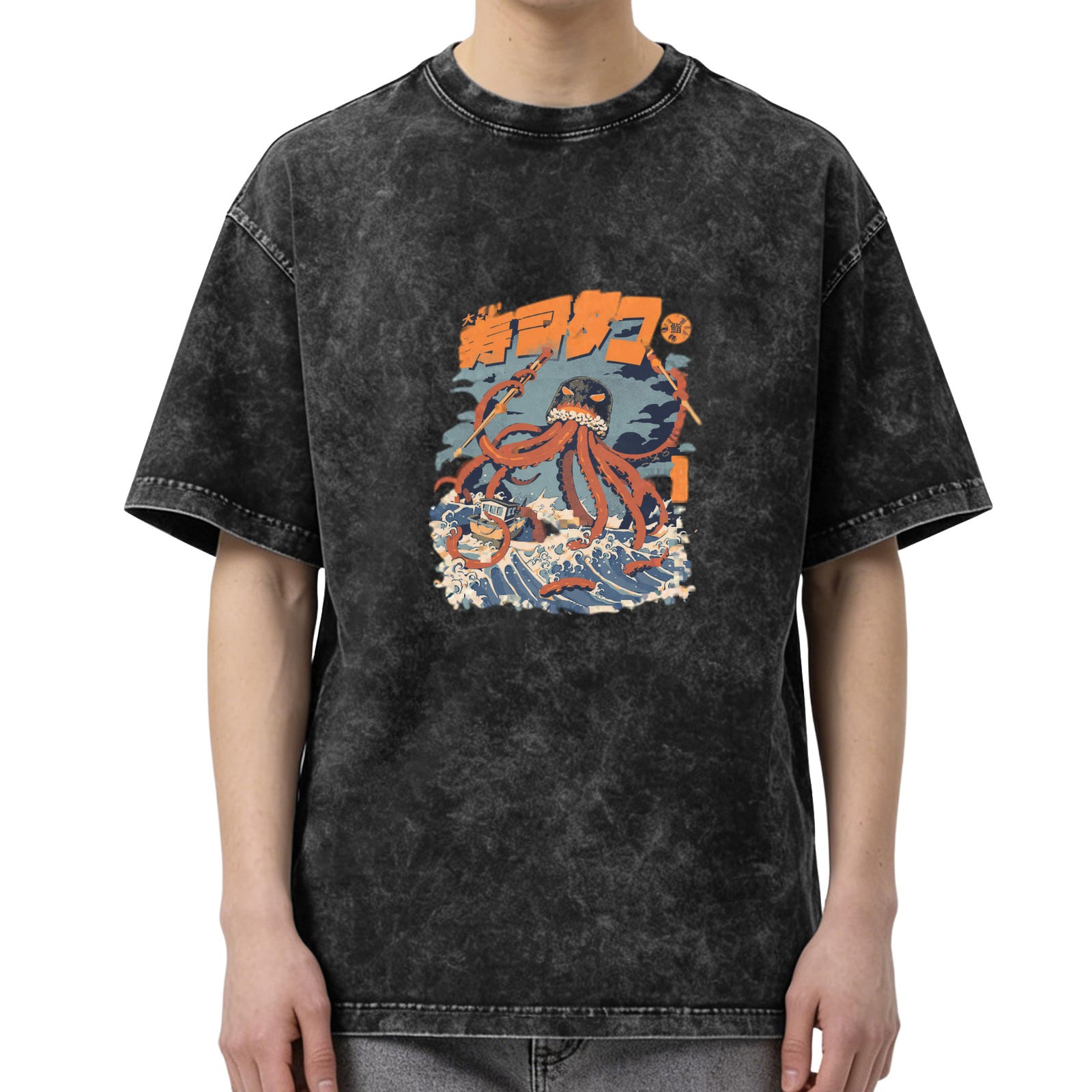 Retro washed black octopus illustration short-sleeved T-shirt Japanese Ukiyo-e style octopus pattern casual top
