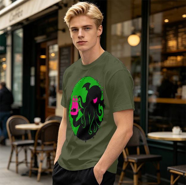Olive T-Shirt With Cthulhu Holding Pink Ship Graphic Print