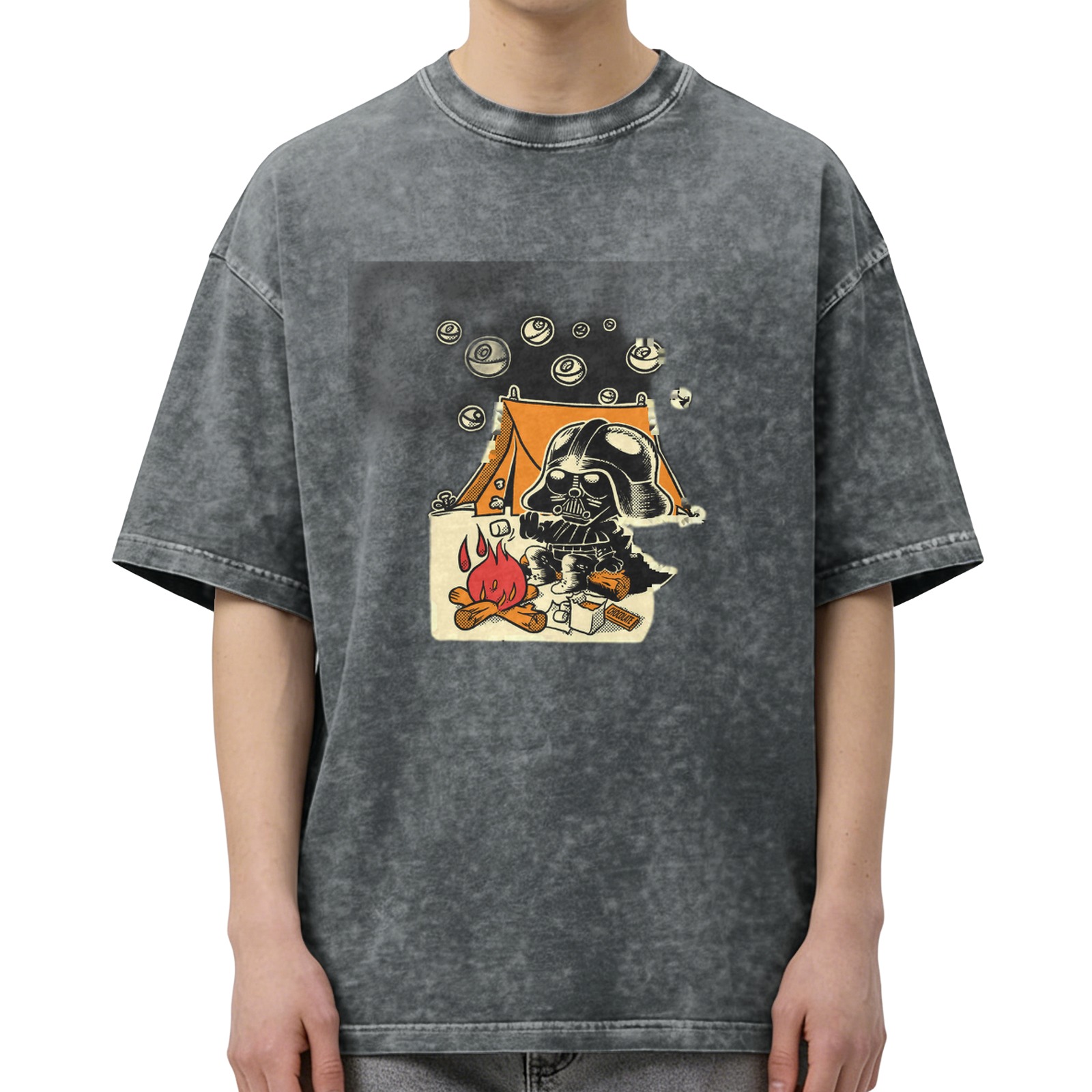 Oversized dark wash t-shirt with cartoon Darth Vader camping graphic