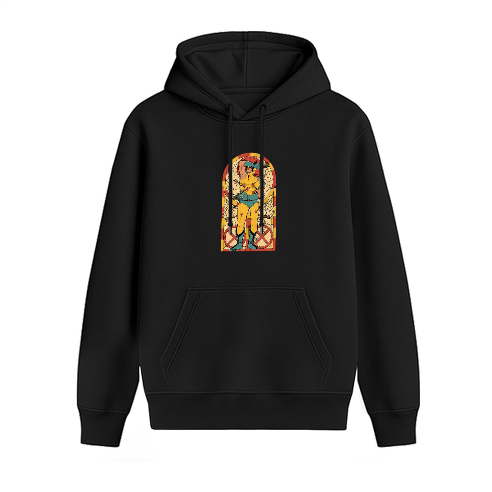 Black Hoodie with Retro Superhero Arch Print