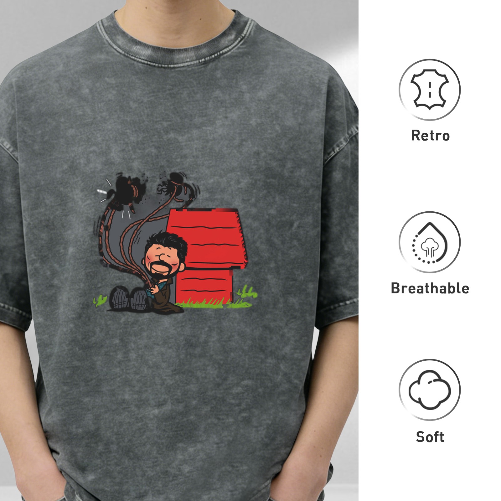 Washed Black T-Shirt With Parody Cartoon Doghouse Graphic