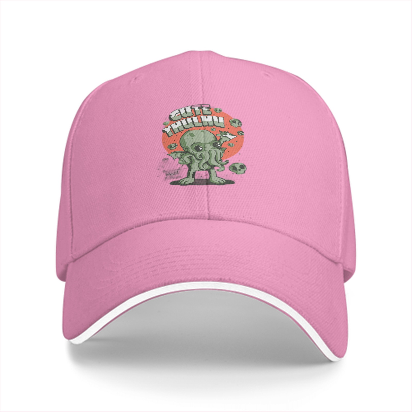 Black baseball cap with cute Cthulhu graphic and skulls