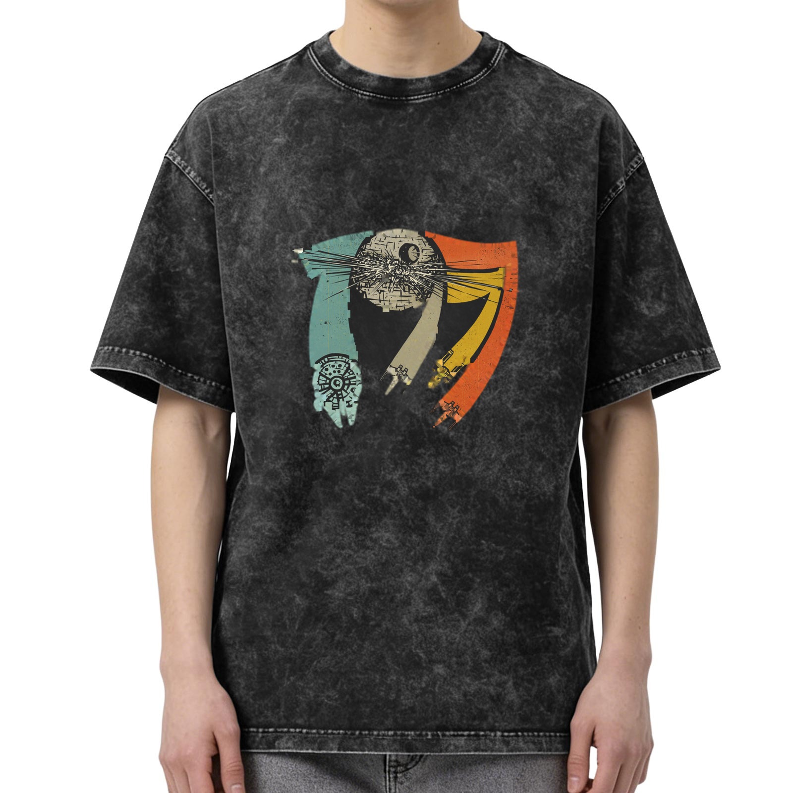 Distressed black Star Wars themed printed short-sleeved T-shirt