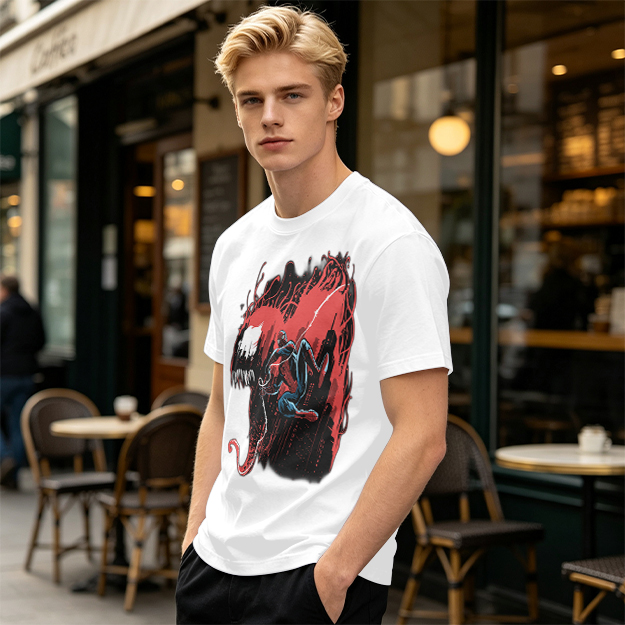 Olive T-shirt with Spider-Man and Symbiote Villain Graphic
