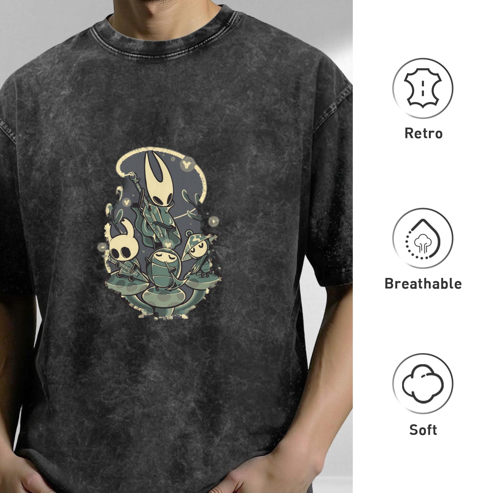Hollow Knight Characters Graphic Vintage Wash Black T-Shirt