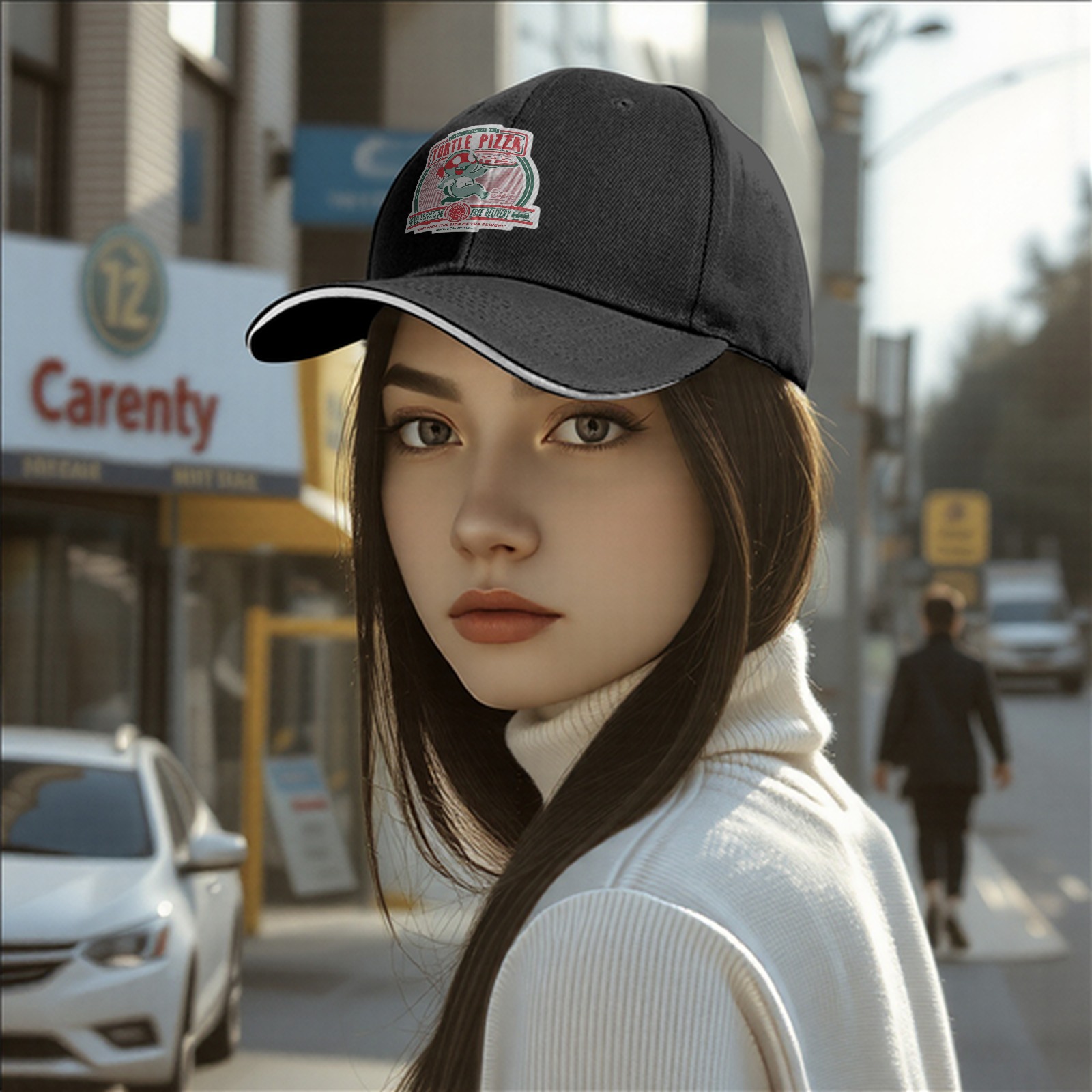 Black Baseball Cap With Turtle Pizza Graphic Print