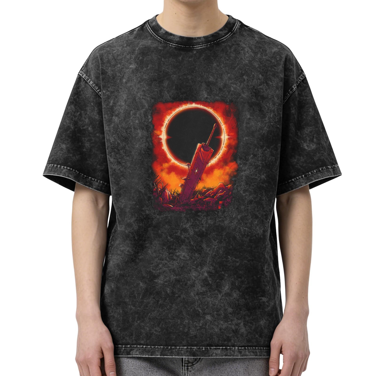 Distressed black loose short-sleeved T-shirt with solar eclipse sword pattern printed on the chest
