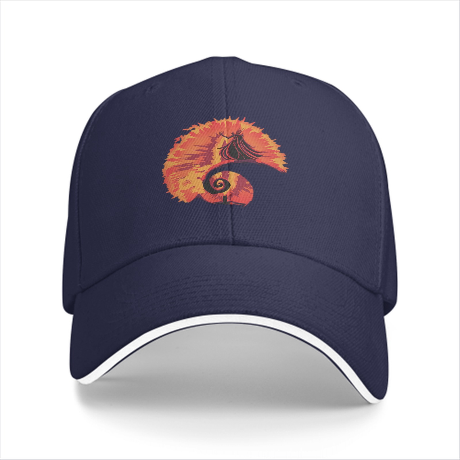 Black baseball cap with fiery spiral silhouette graphic