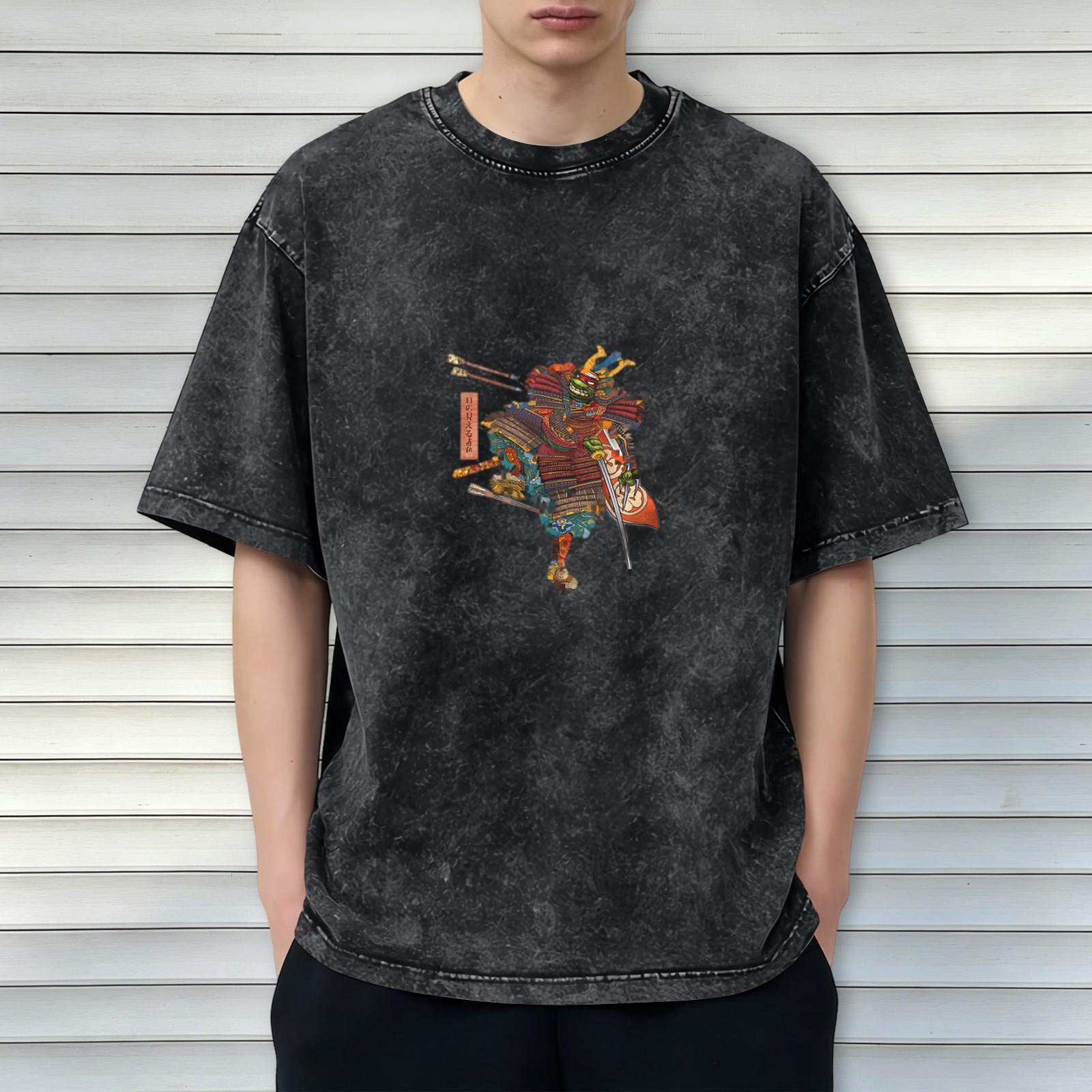 Oversized Acid Wash T-Shirt with Samurai Graphic Print