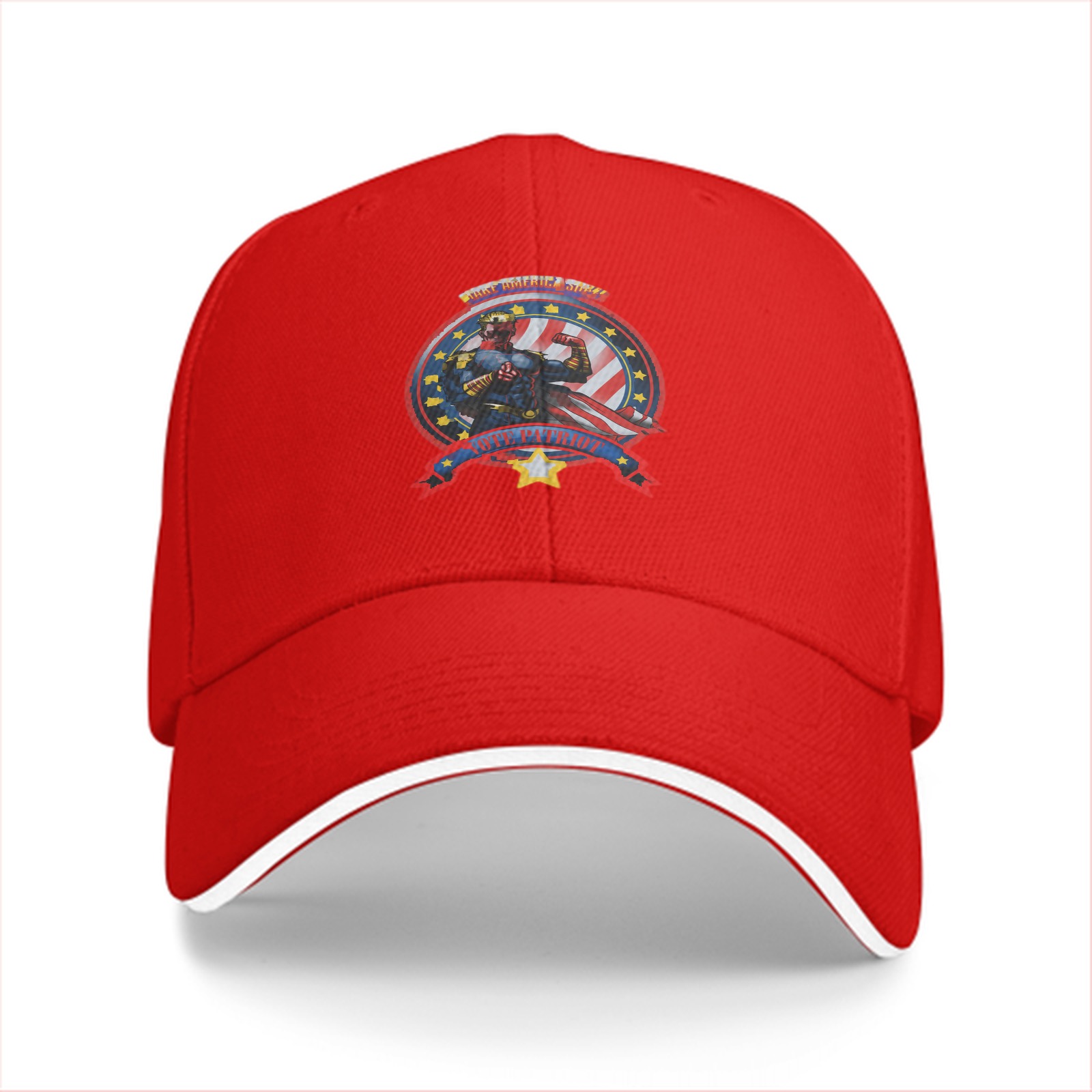 Black baseball cap with patriotic superhero emblem print