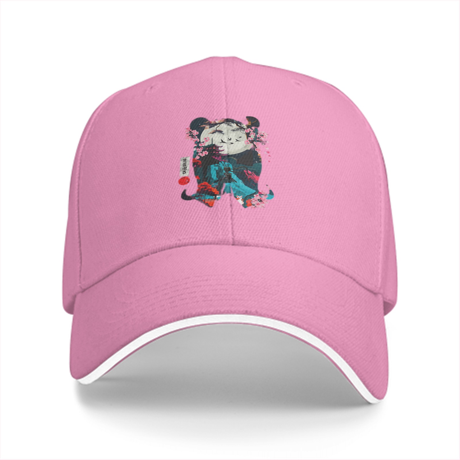 Black Baseball Cap With Cherry Blossom Panda Art Print