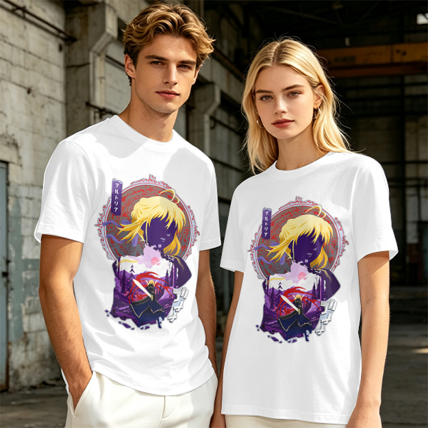 Olive green anime graphic t-shirt with Saber character print