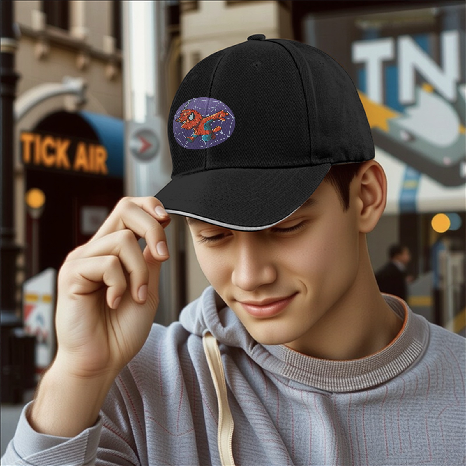 Black Baseball Cap With Chibi Spider-Man Web Print