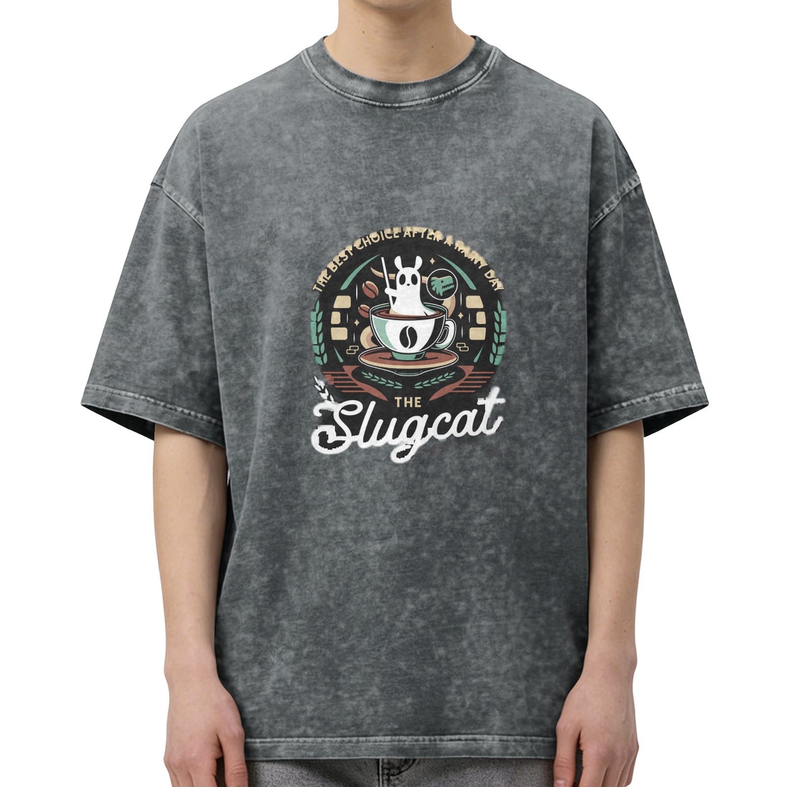 Slugcat Coffee Graphic Black Acid Wash Oversized T-Shirt
