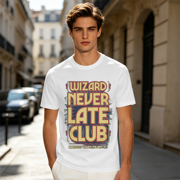 Olive t-shirt with Wizard Never Late Club graphic print