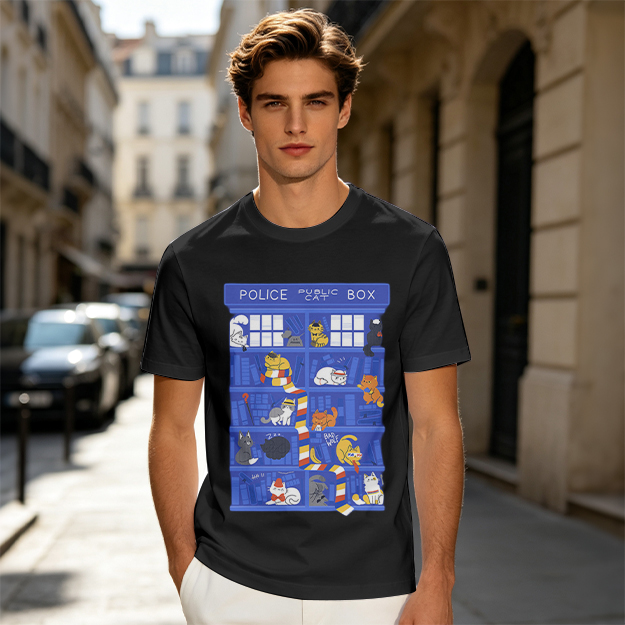Olive T-Shirt with Police Box and Playful Cats Graphic