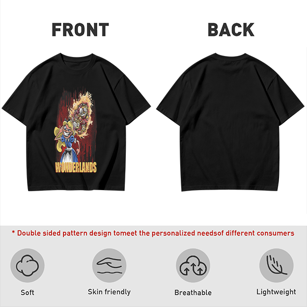 Olive Graphic Tee With Dark Wonderland Themed Cartoon Print