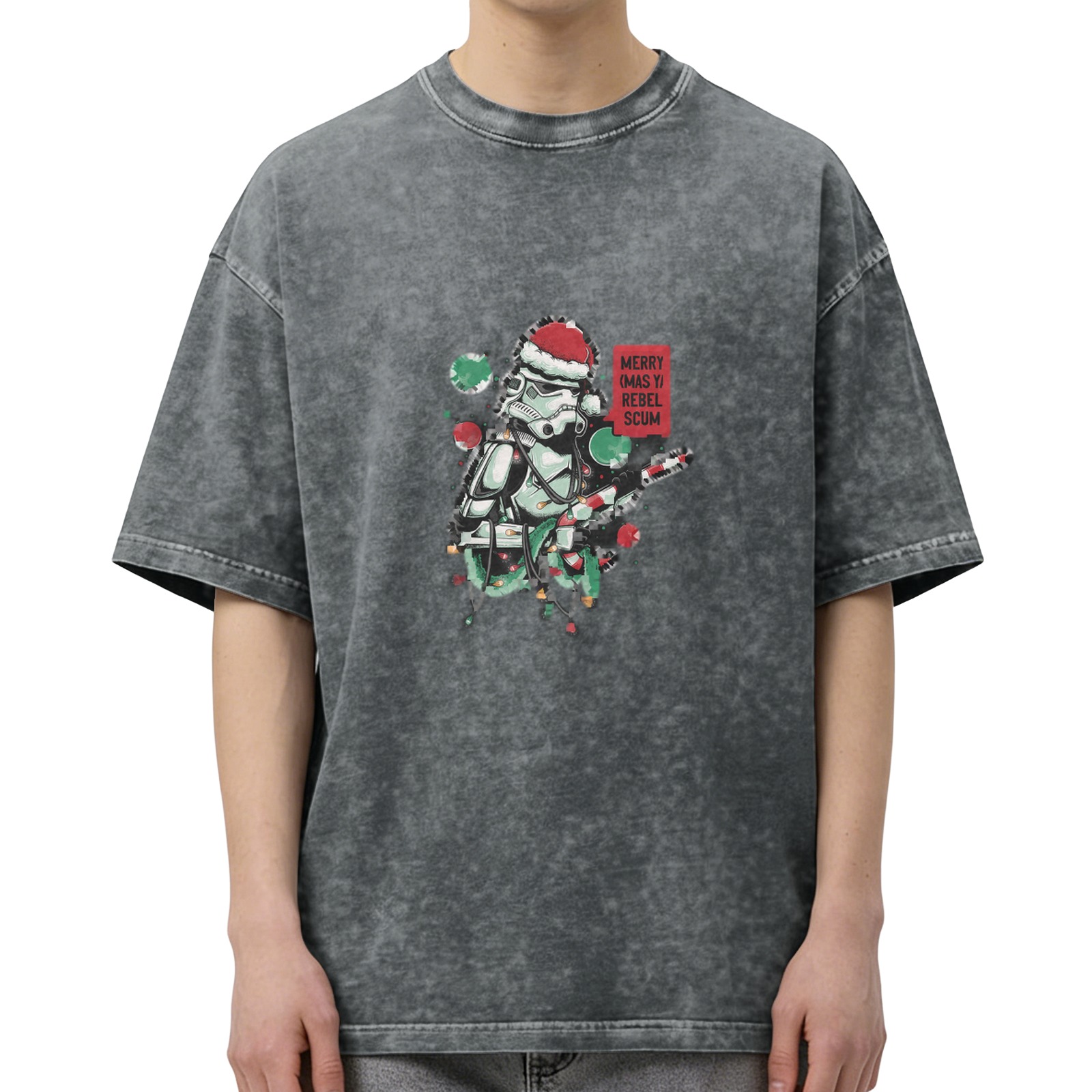 Star Wars Stormtrooper Christmas Graphic Oversized Stone Wash T-Shirt - 'Merry Sithmas Rebel Scum' Festive Holiday Tee
