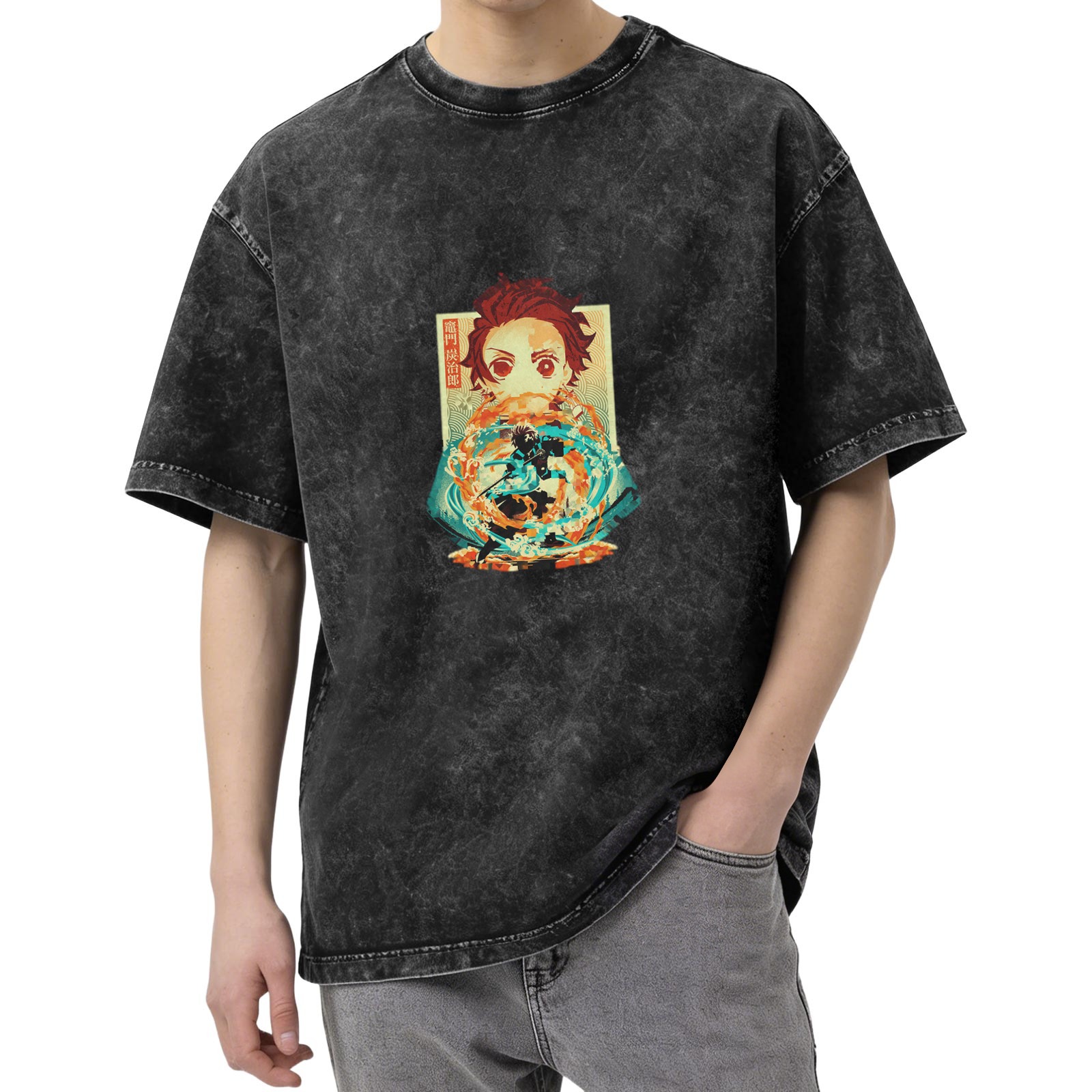 Demon Slayer: Kimetsu no Yaiba Tanjiro themed washed and distressed loose short-sleeved T-shirt