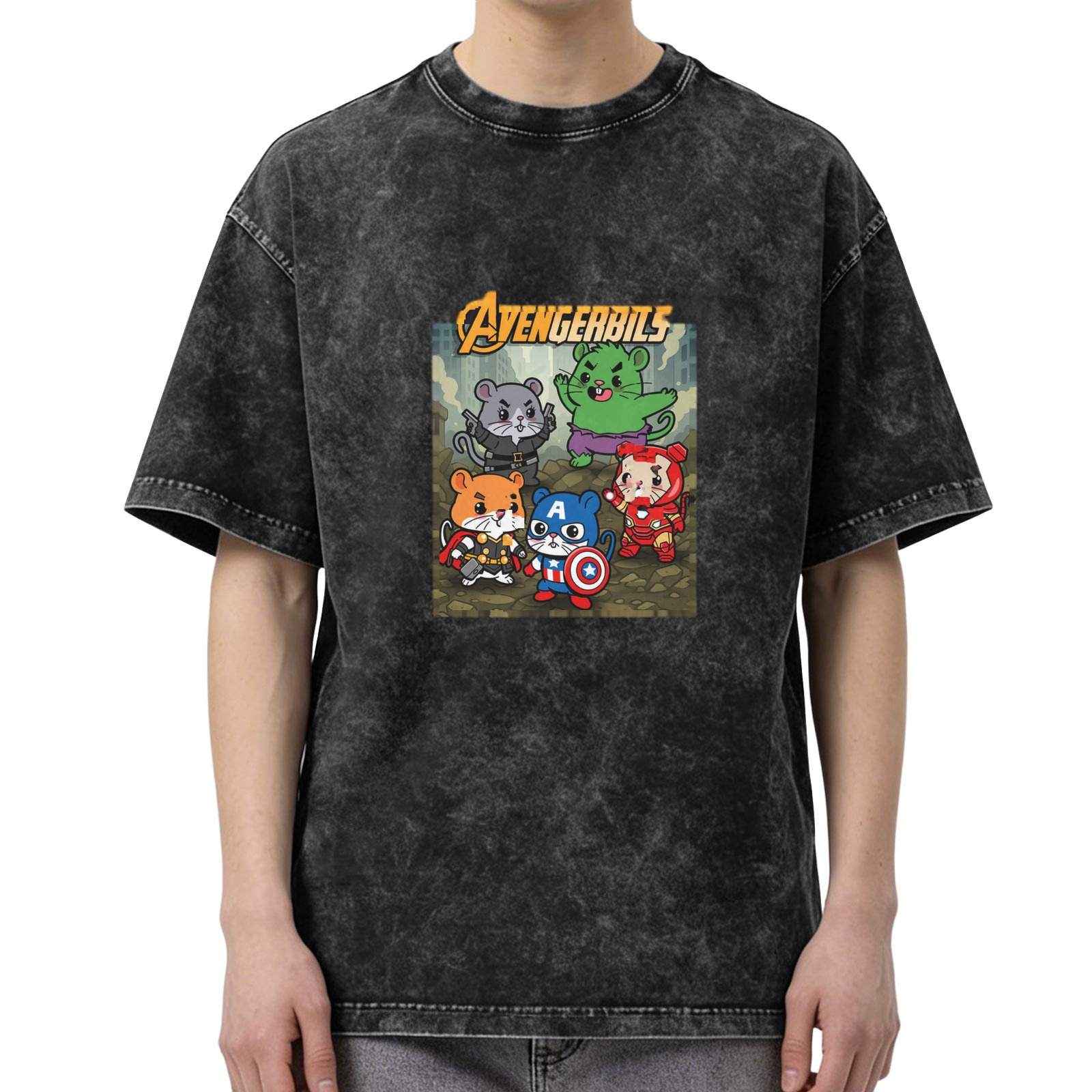 Avengerbils Hamster Superhero Graphic Acid Wash T-Shirt