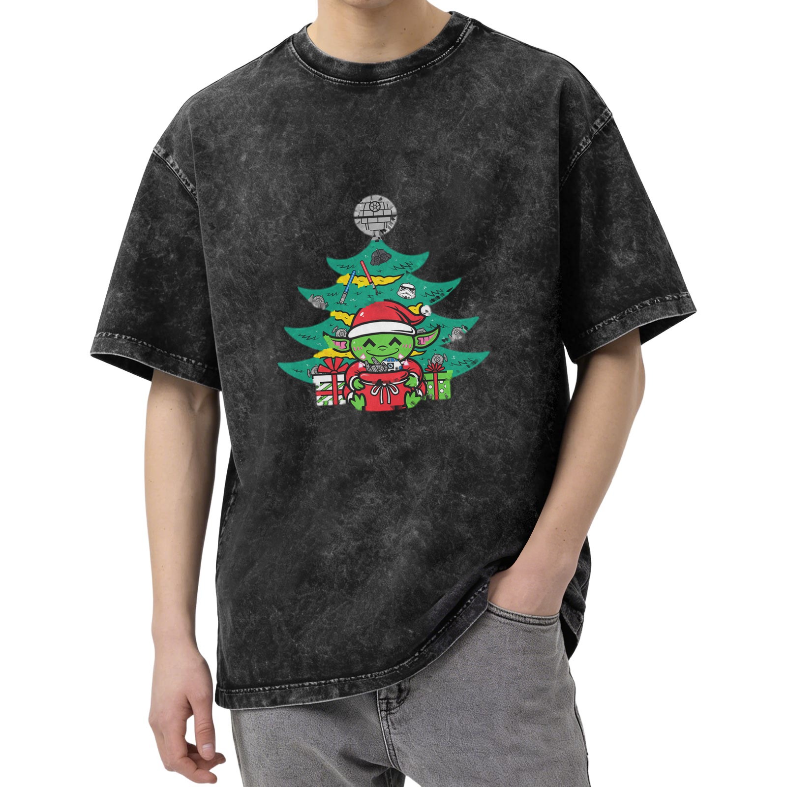 Washed Black T-Shirt with Star Wars Themed Christmas Yoda Design