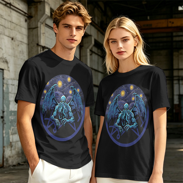 Olive T-Shirt with Cthulhu Starry Night Graphic Print
