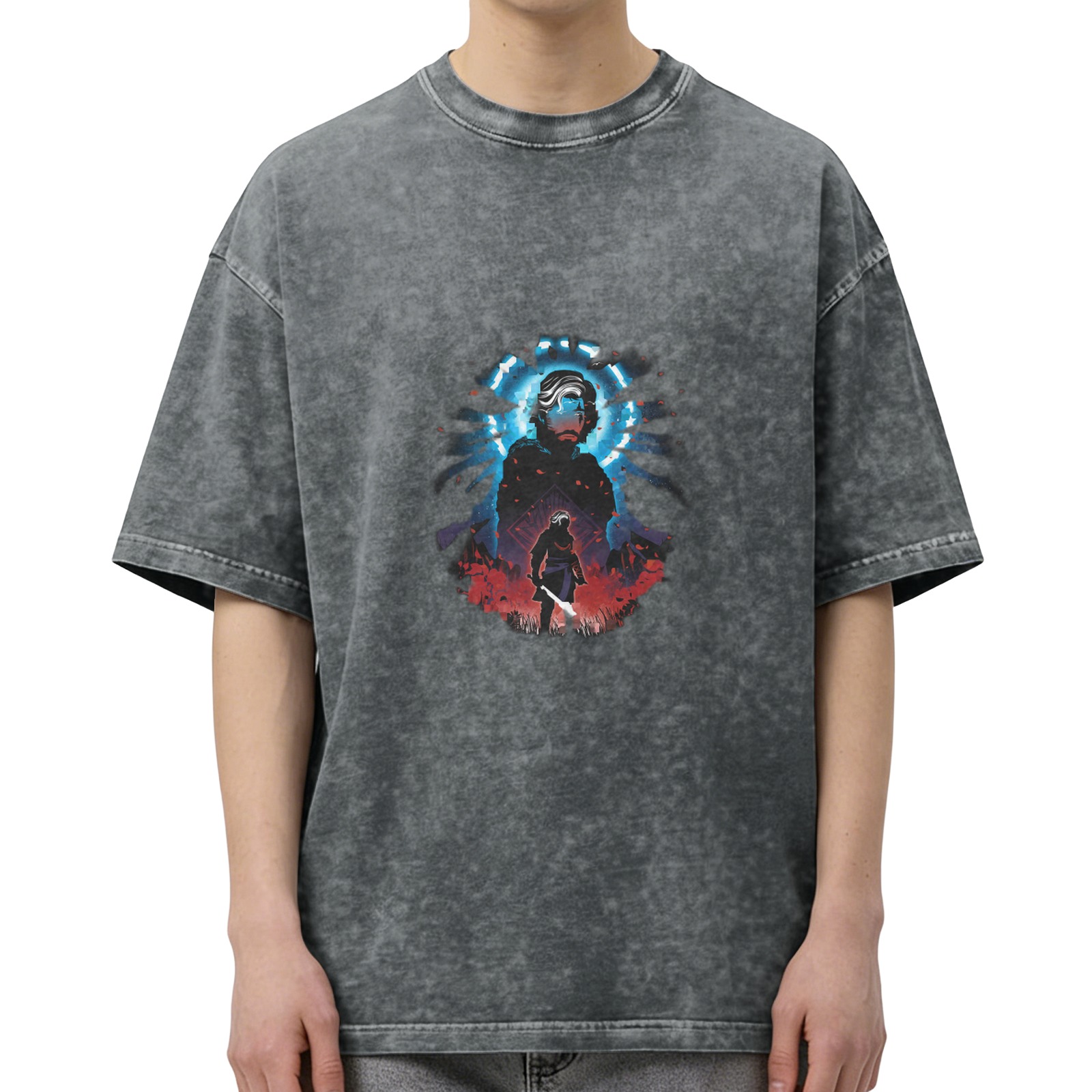 Washed Black Graphic T-Shirt With Fantasy Warrior Silhouette Print