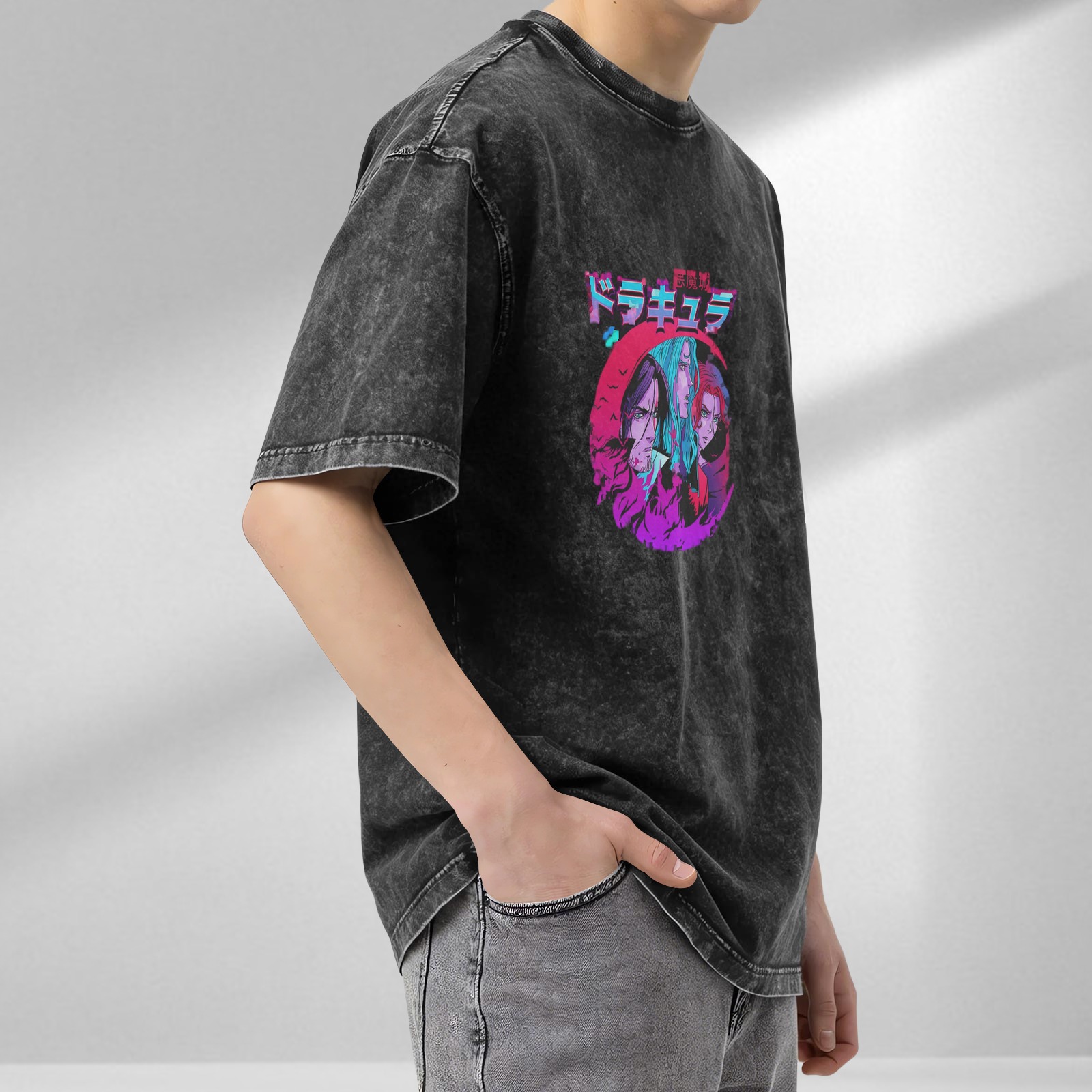 Retro washed black anime theme printed short-sleeved T-shirt