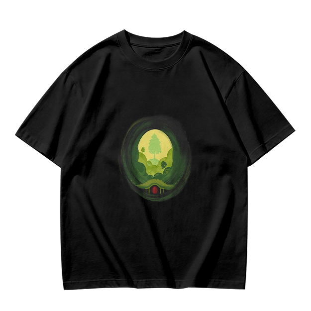 Olive Green T-Shirt with Hobbit Hole Landscape Art Print