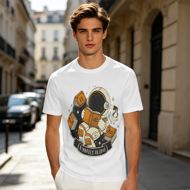 Astronaut Reading Book 'Finally Alone' Graphic T-Shirt Design