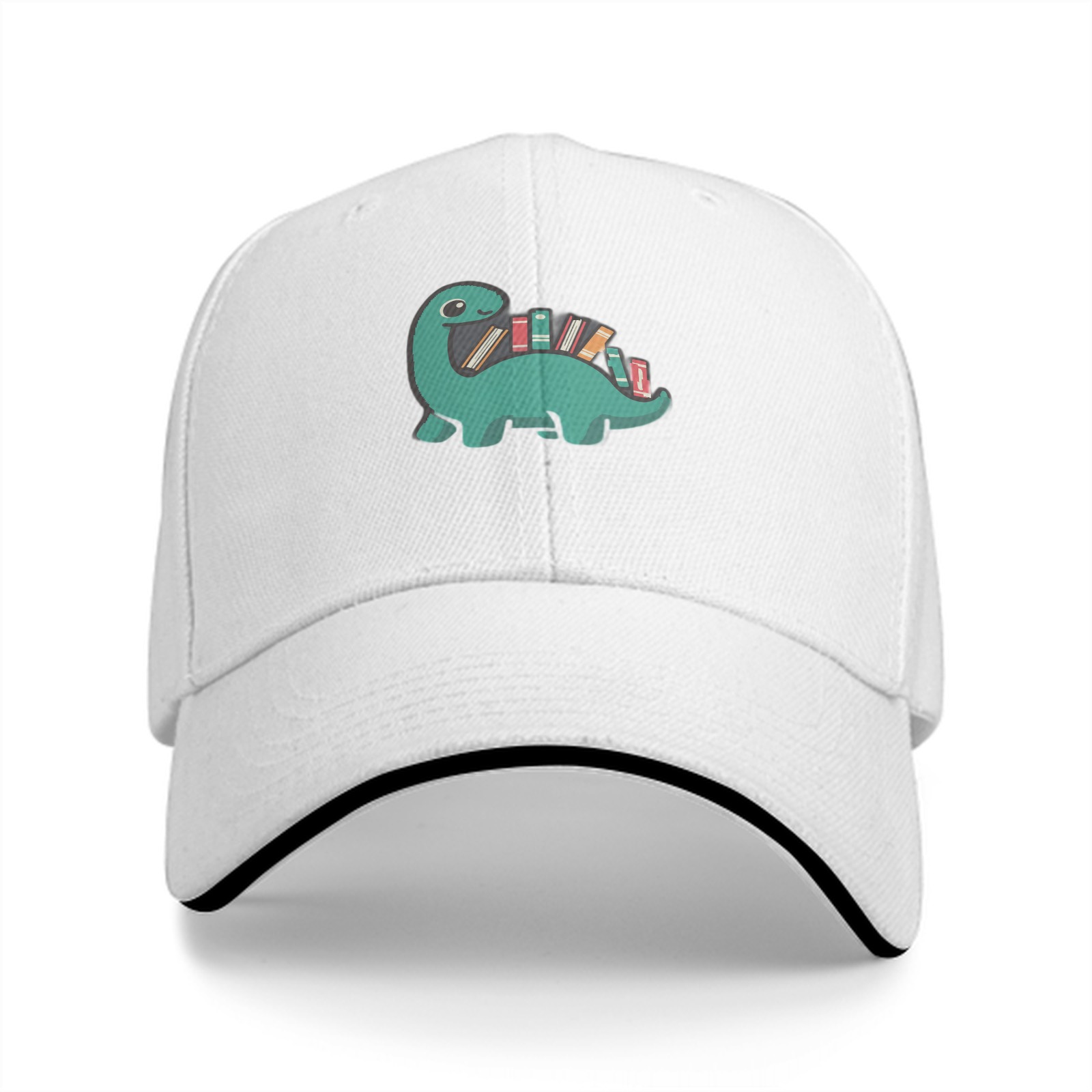 Black baseball cap with cute dinosaur carrying books graphic