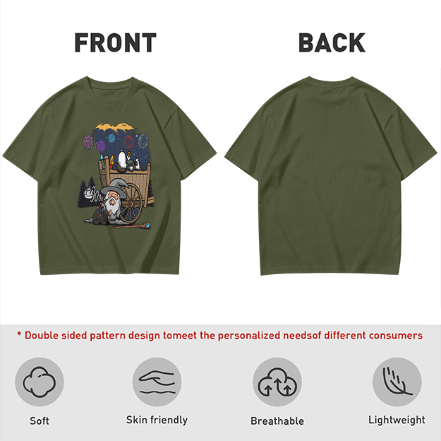 Olive T-Shirt with Wizard and Fireworks Cart Graphic