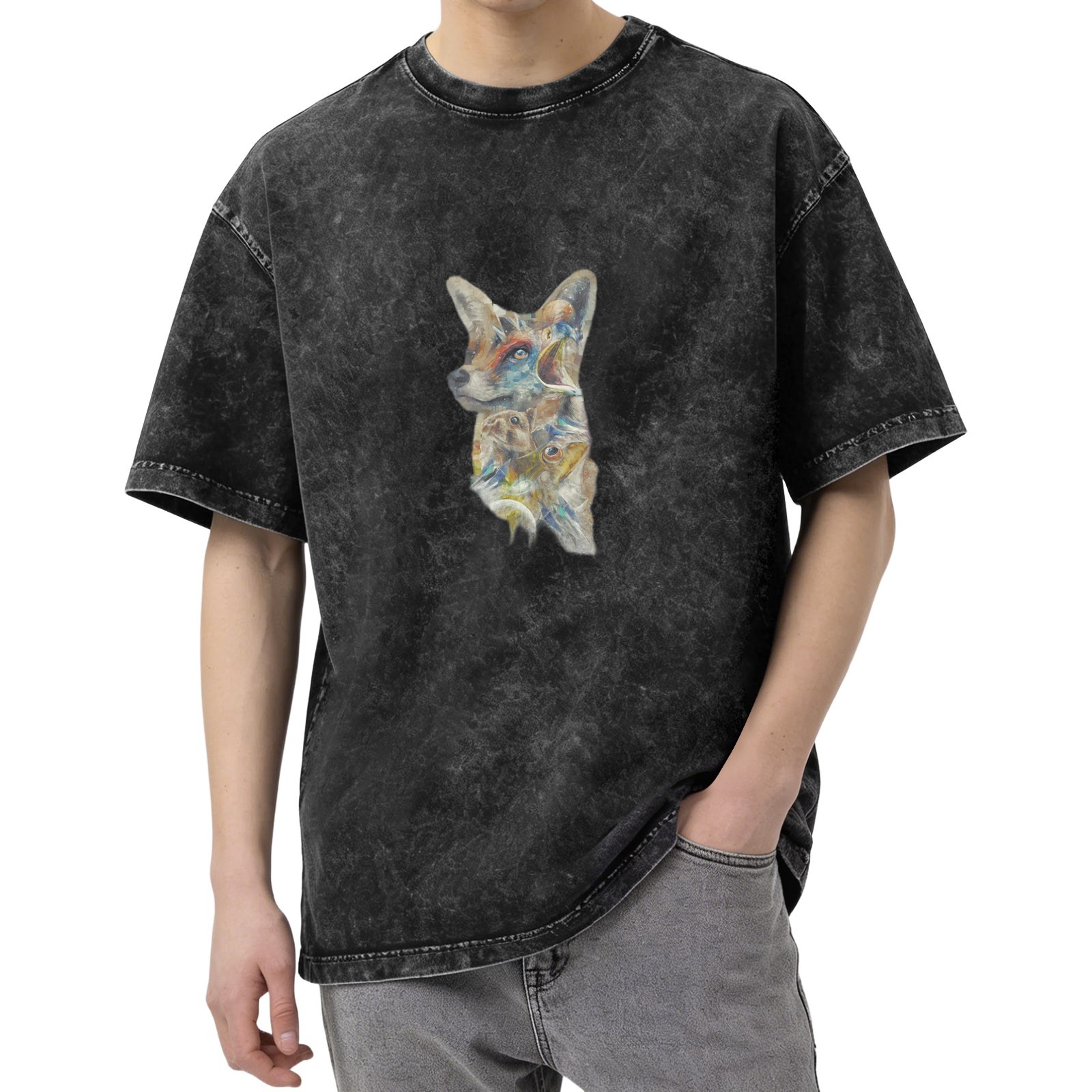 Washed Black Oversized T-Shirt With Abstract Fox Art Print
