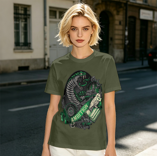 Olive Green T-Shirt With Slytherin Ambition Snake Owl Graphic