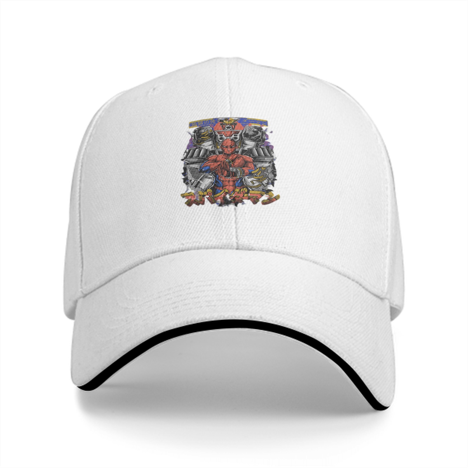 Black Baseball Cap with Anime Robot Character Graphic Print
