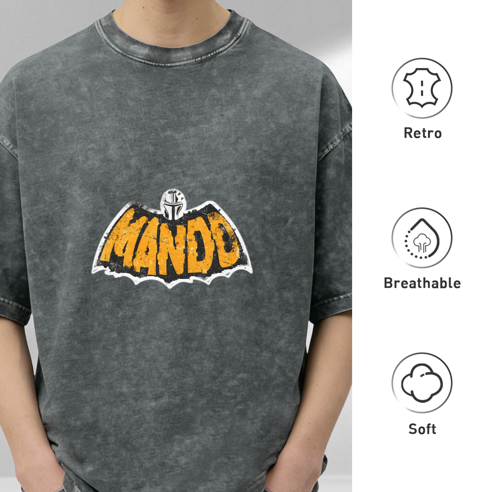 Washed Black Oversized T-Shirt with Mando Bat Logo Graphic