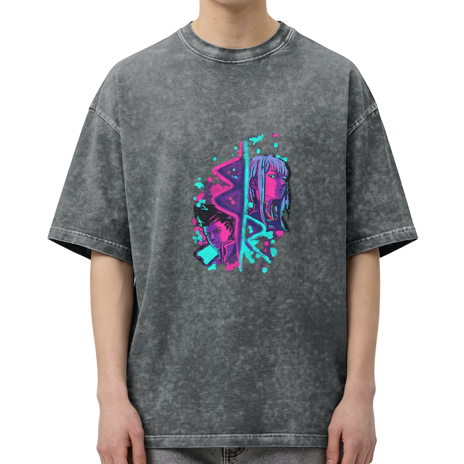 Cyberpunk Anime Character Graphic Acid Wash Black T-Shirt