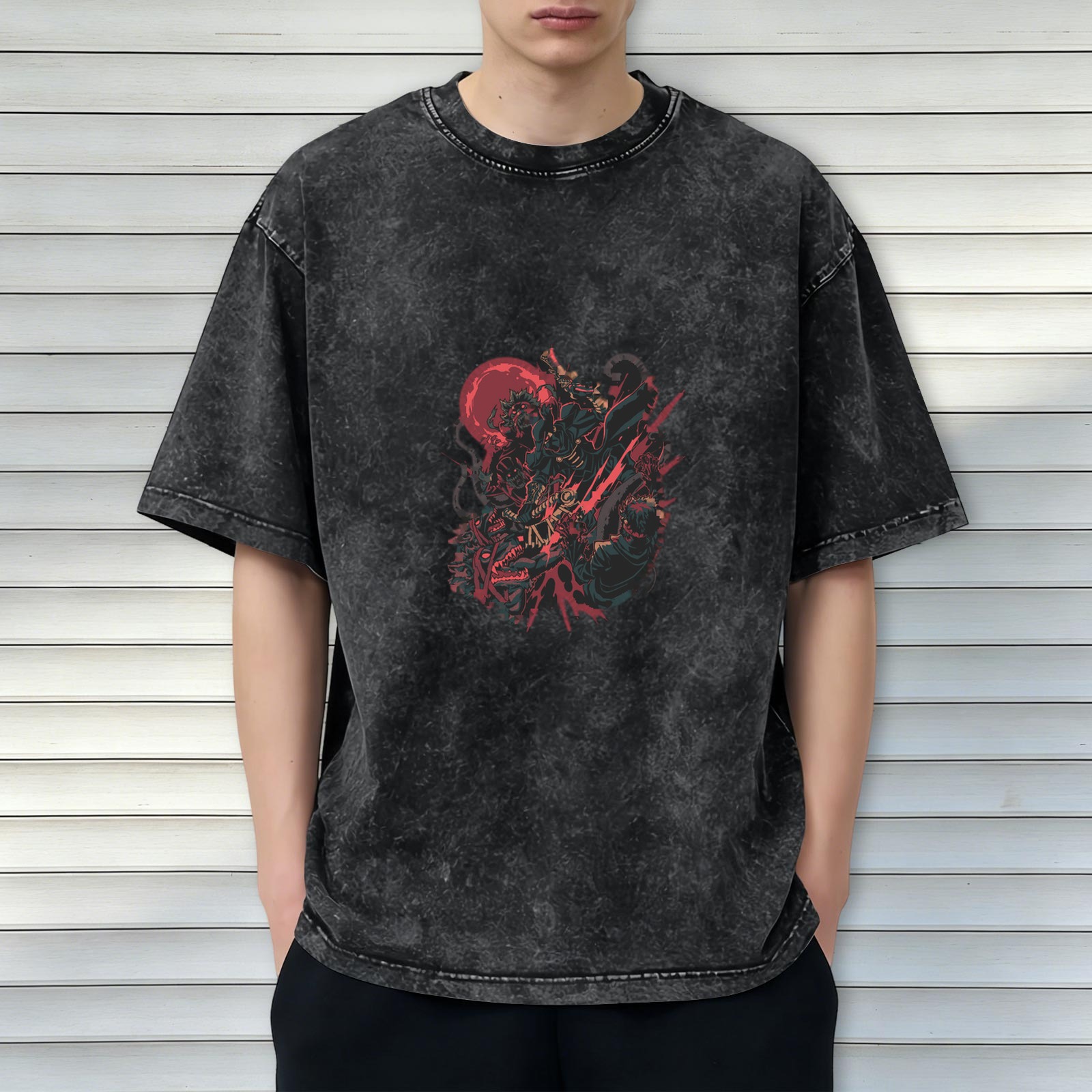 Oversized Acid Wash Graphic T-Shirt with Dark Fantasy Art Print