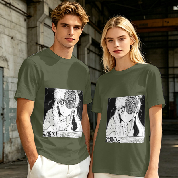 Olive anime graphic t-shirt with spiral eye design