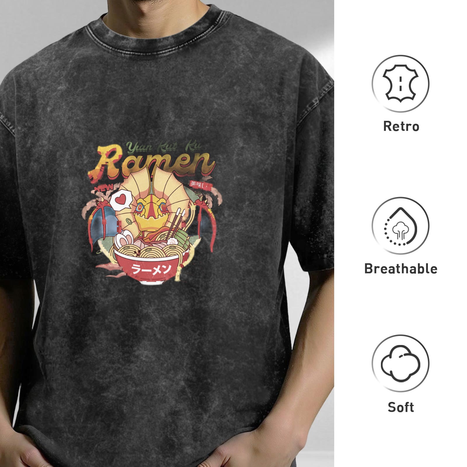 Oversized Acid Wash T-Shirt with Ramen Anime Graphic