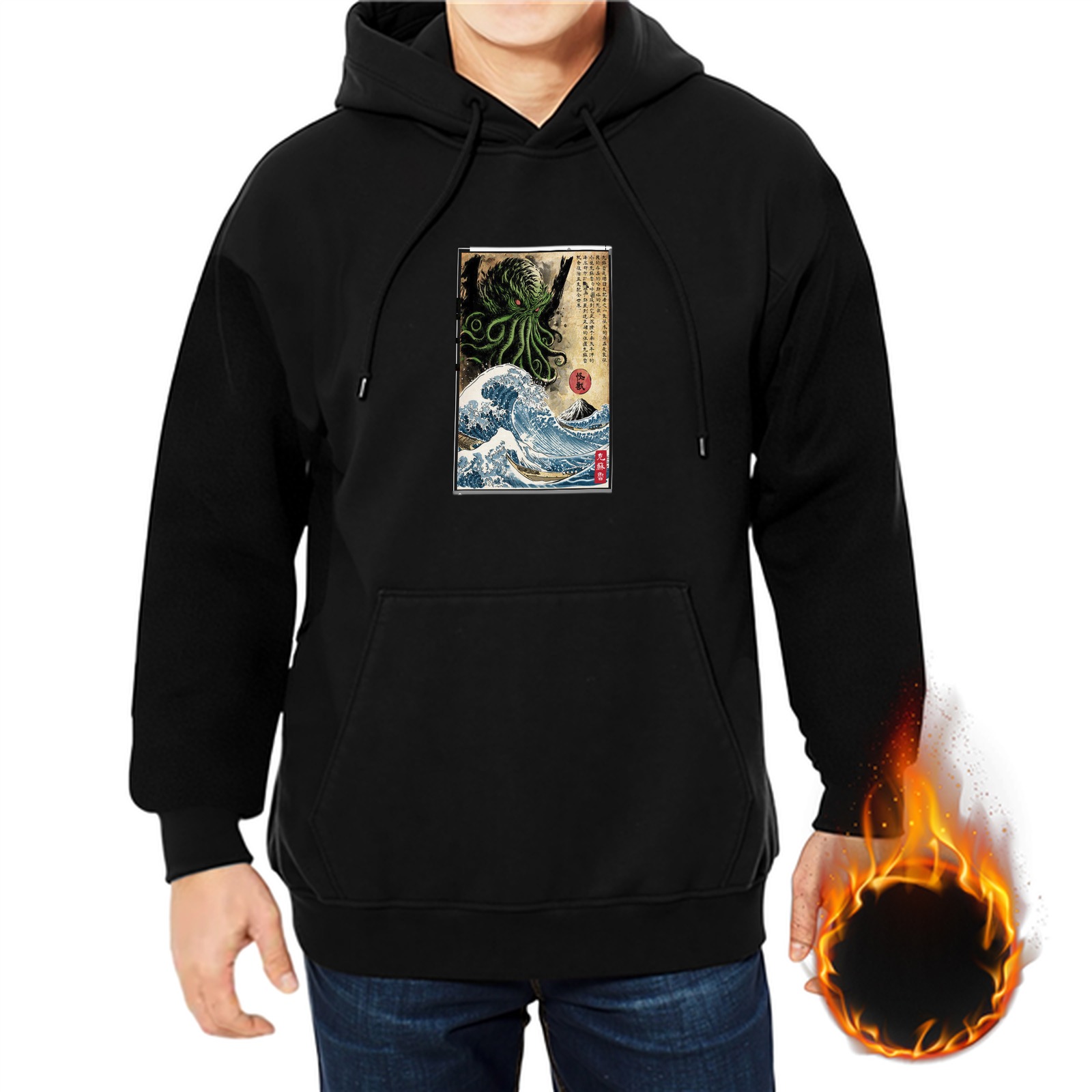Black hoodie with Cthulhu great wave ukiyo-e style print