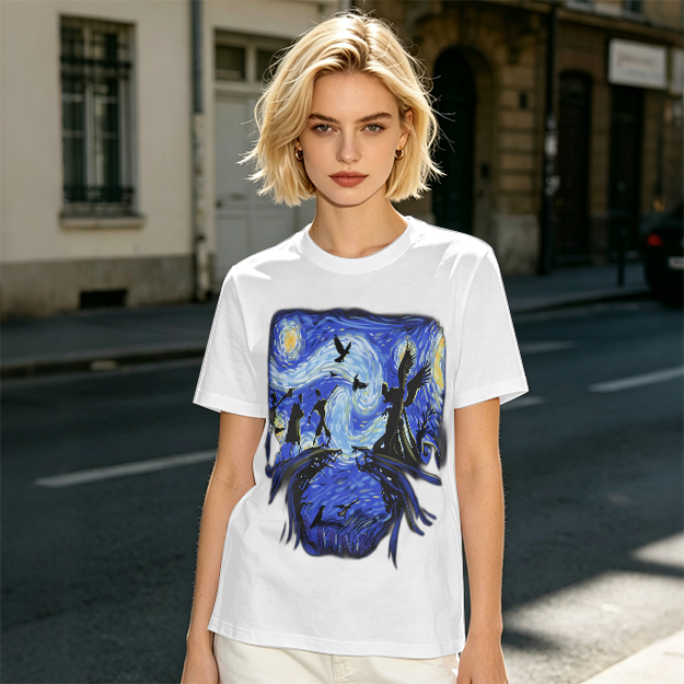 Olive T-Shirt with Starry Night Style Fantasy Art Print