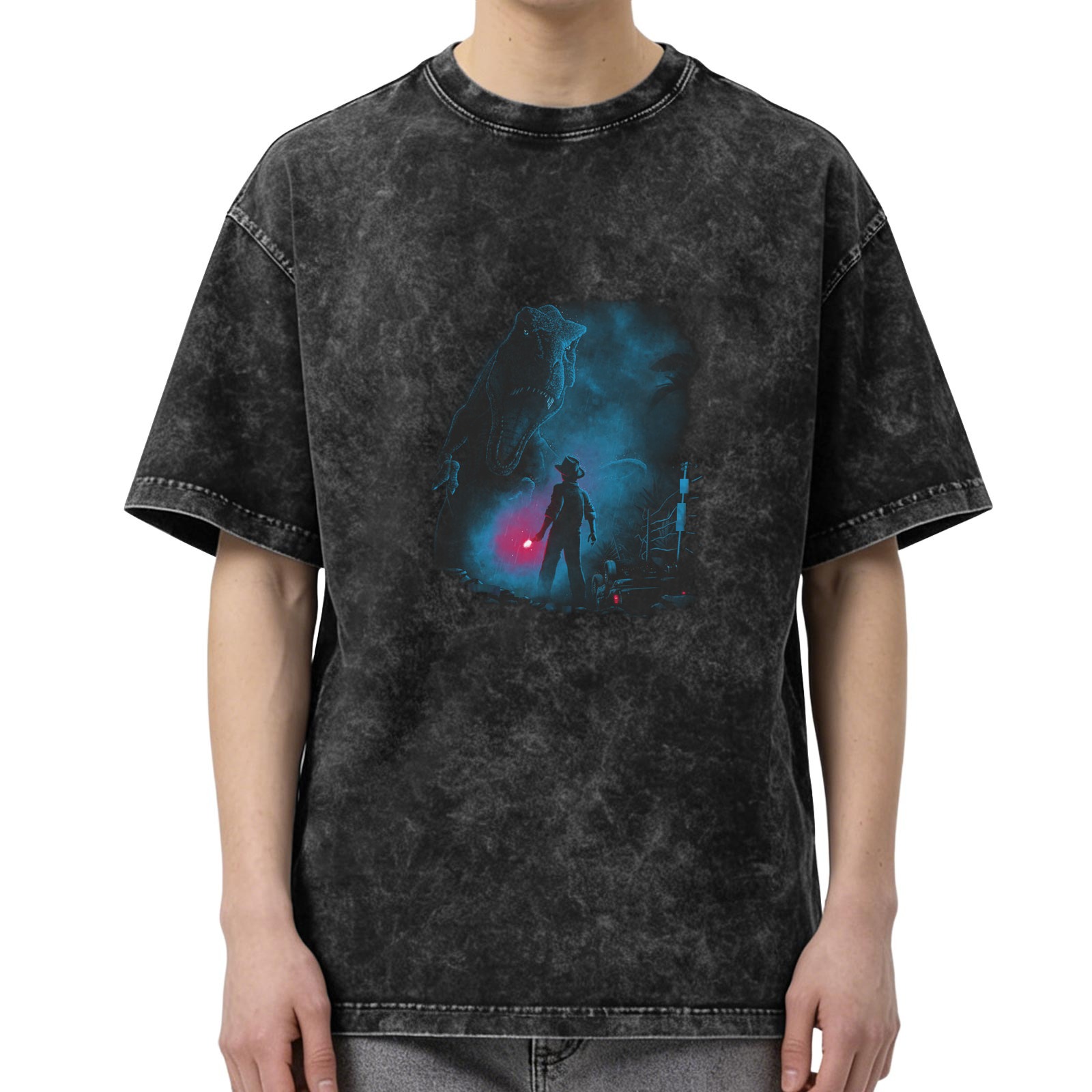 Oversized Acid Wash T-Shirt With Horror Monster Silhouette Graphic