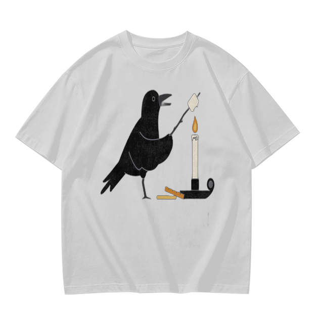 Olive T-Shirt With Crow Roasting Marshmallow Over Candle Print